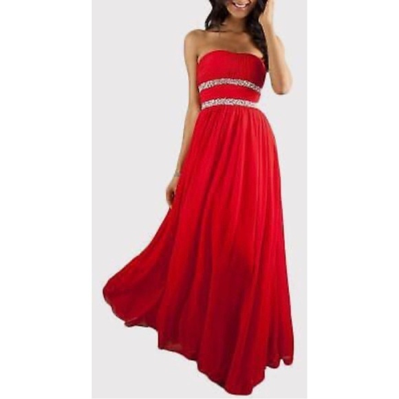 Dancing Queen Dresses & Skirts - Dancing Queen Red Beaded Strapless Floor Length Gown